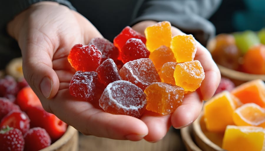 Close-up of an artisan holding a handmade freeze dried candy displaying vibrant colors