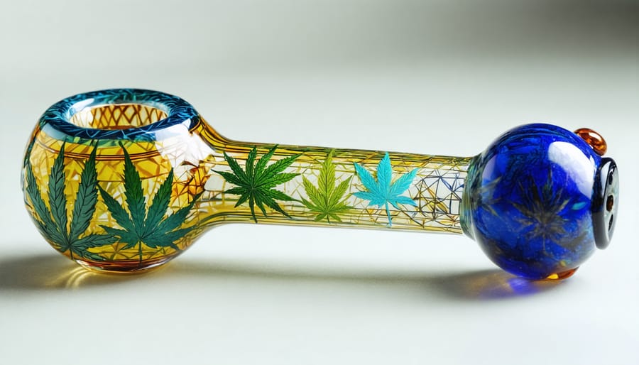 Artisanal glass pipe with detailed cannabis-inspired designs