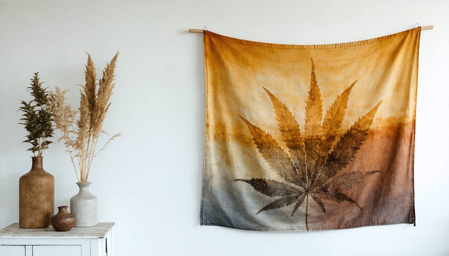 Handwoven hemp textile art displaying botanical cannabis designs