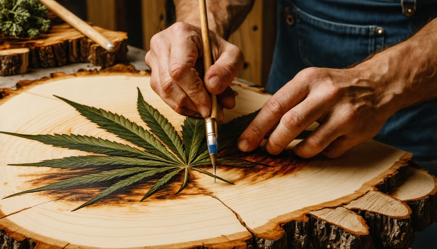 Craftsperson creating pyrography art with cannabis-inspired designs