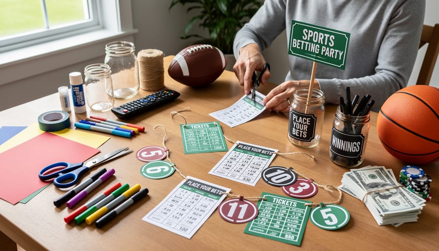 Overhead view of crafting materials for making handmade sports betting party decorations