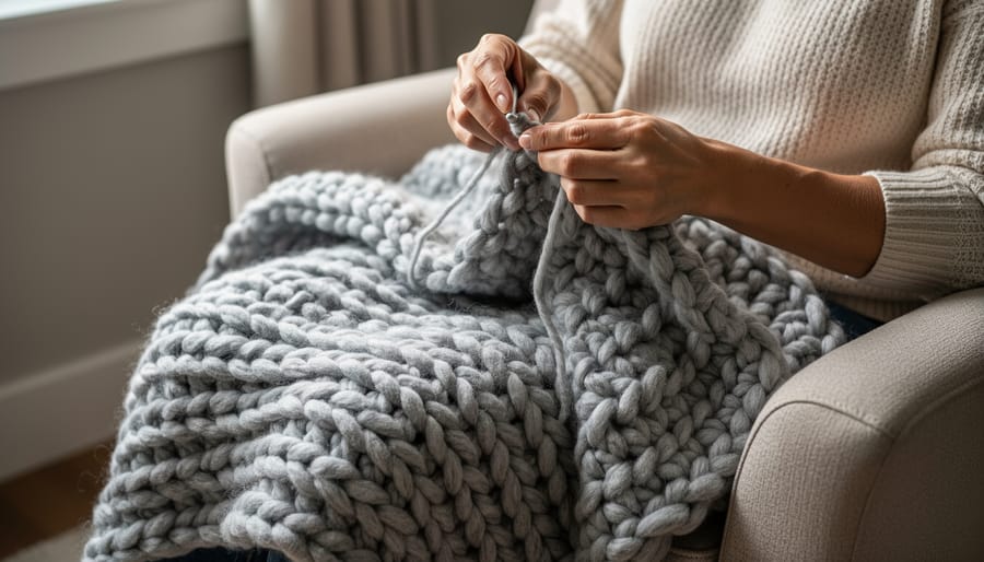 Close view of crocheter’s hands holding a nearly finished super-chunky crochet blanket on a sofa.