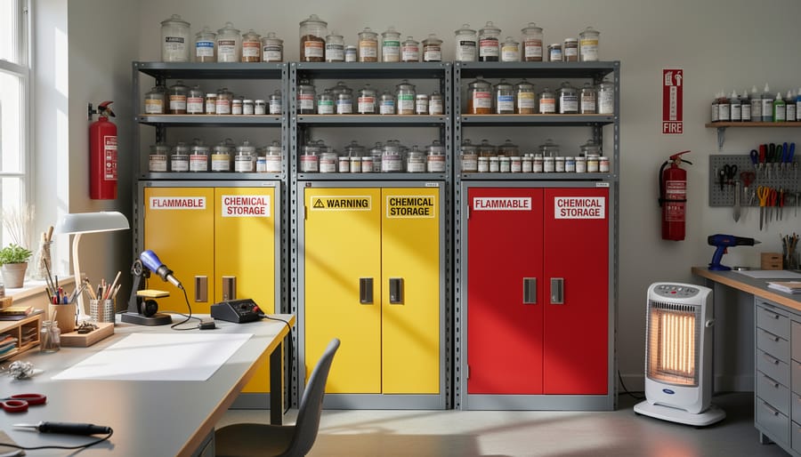 Craft liquid supplies stored safely with sealed bottles and gloves on a clean workbench