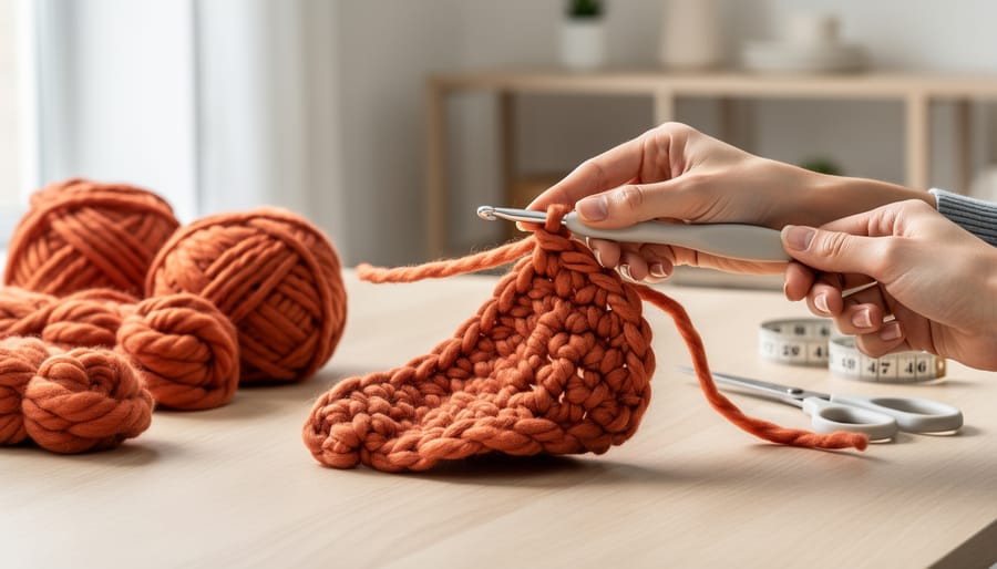 Crochet hook and super bulky yarn on a crafting table next to an in-progress rectangle blanket.