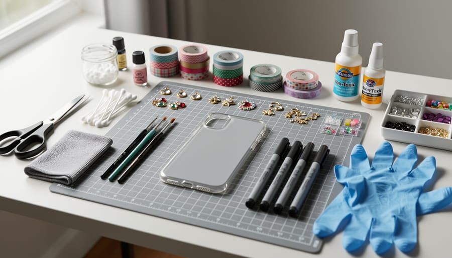 Decorative supplies and tools arranged on a protected craft mat with a phone case blank and phone ready for DIY decoration.
