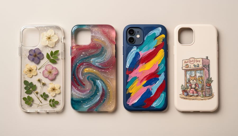 Four finished DIY phone cases, pressed flower clear, fabric-covered, resin glossy, and hand-painted, on a wooden craft table.