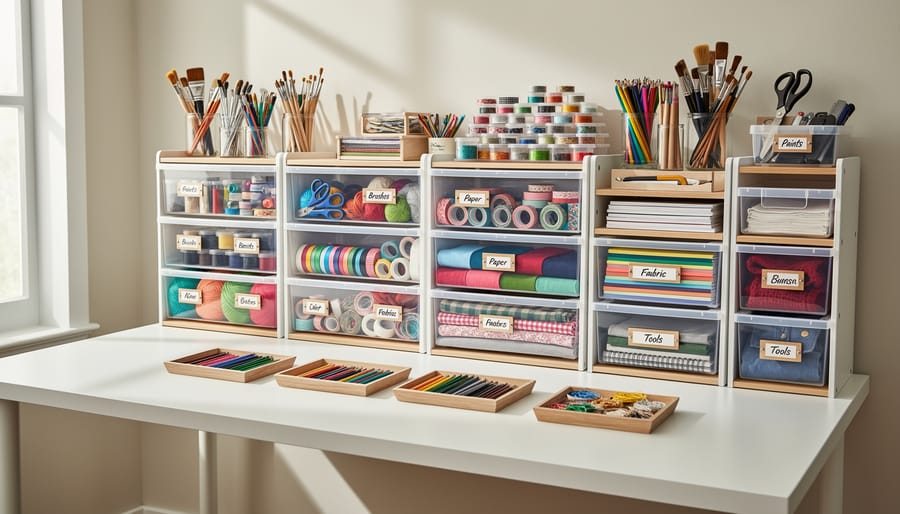 Organized craft studio shelves with clear storage bins and acid-free boxes arranged by material type