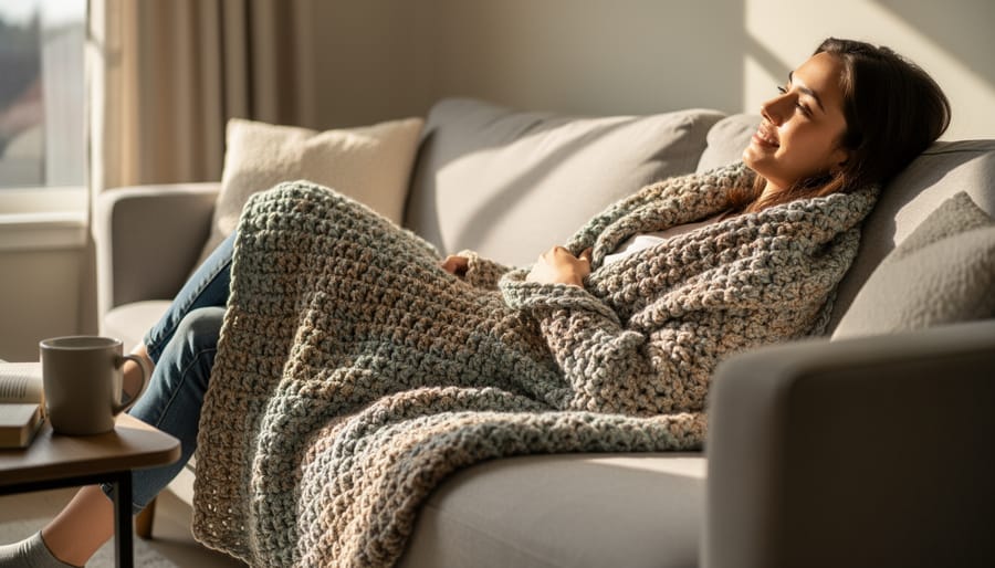 Person resting on a couch wrapped in a textured crochet blanket during warm golden hour light.