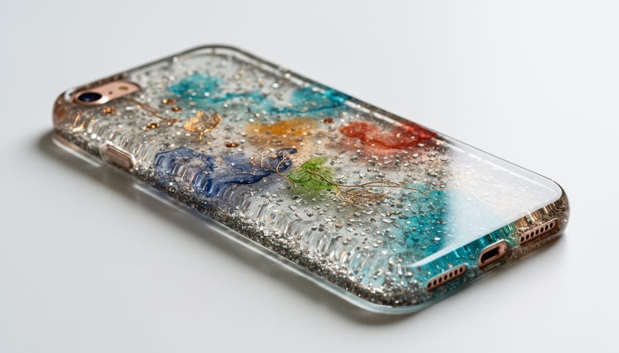 Resin-coated DIY phone case with embedded dried flowers and metallic flakes on a curing workbench.