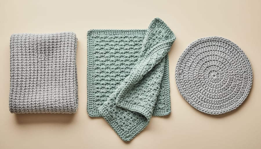 Several finished crochet blankets, including striped and textured styles, displayed on a bedspread.