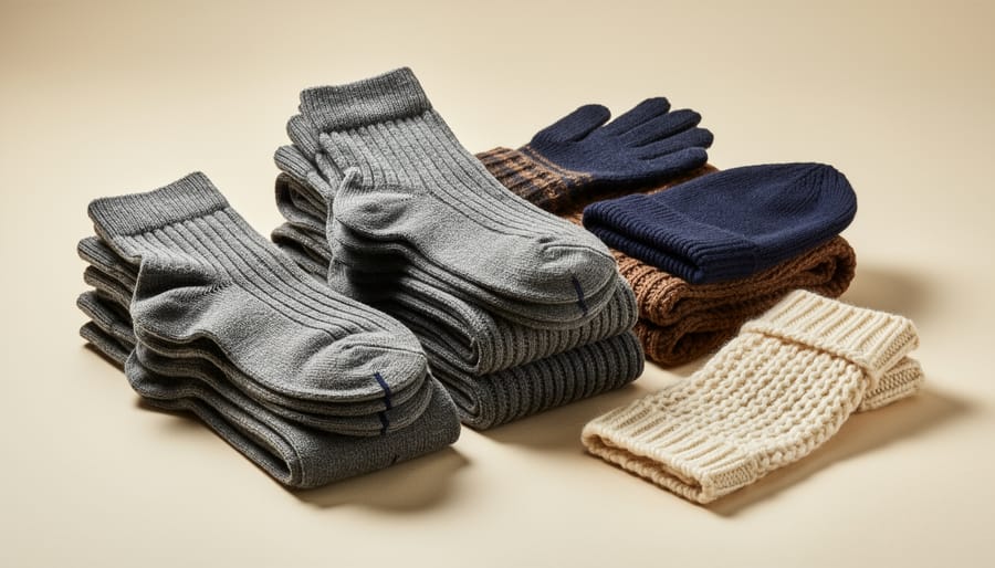 Folded heritage socks and small knit accessories on a wooden worktable