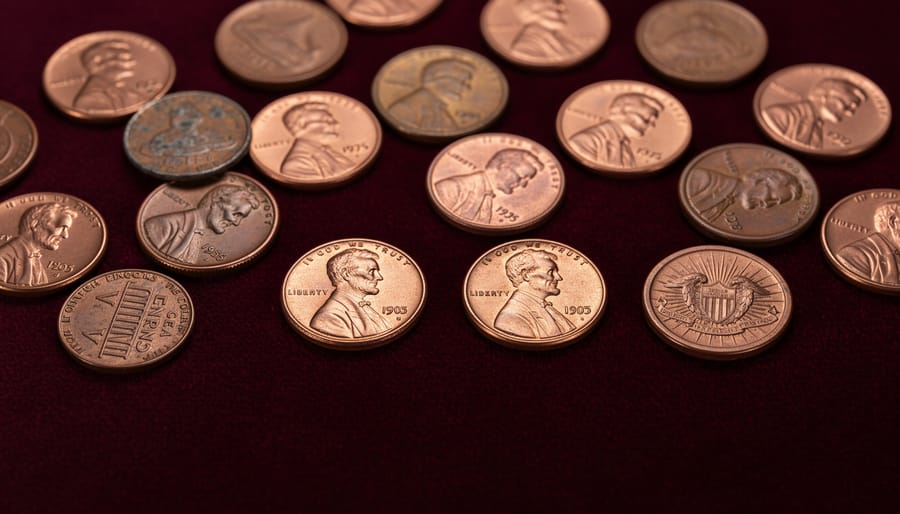 Close-up of Canadian pennies arranged on a dark velvet tray with copper coins catching soft light
