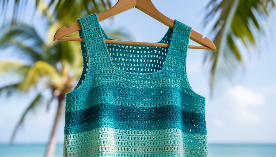Crocheted Caribbean Tide tank top draped over a linen couch with the maker’s hands smoothing the fabric