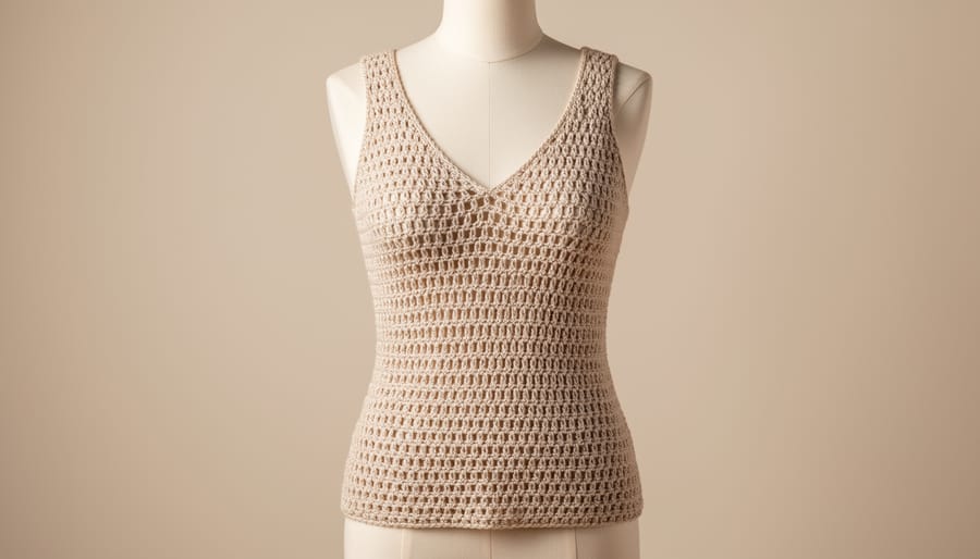 Classic crochet V-neck tank top on a dress form with focus on the V neckline