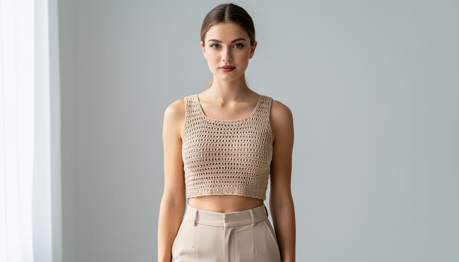 Cropped crochet tank top styled with high-waisted bottoms to show garment length