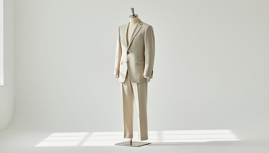 Minimalist woman’s top and trousers styled on a mannequin in a studio
