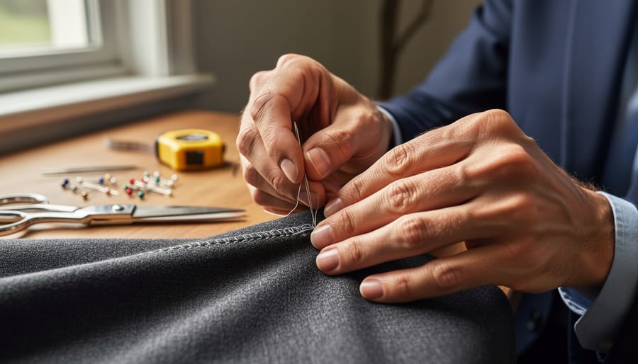 Maker’s hands finishing a handmade garment on a sewing table