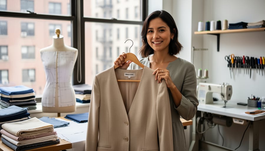 Seamstress holding a handmade women’s dress with visible stitching detail