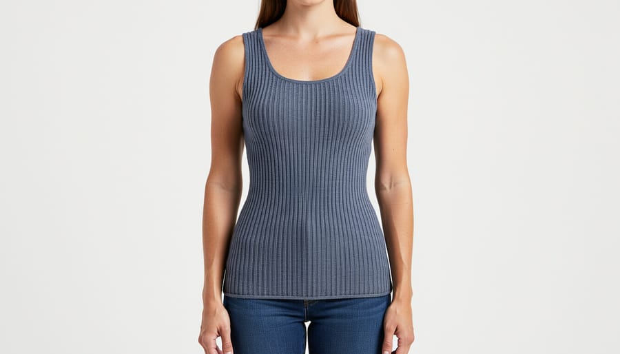 Fitted ribbed crochet tank top showing ribbing texture on a model