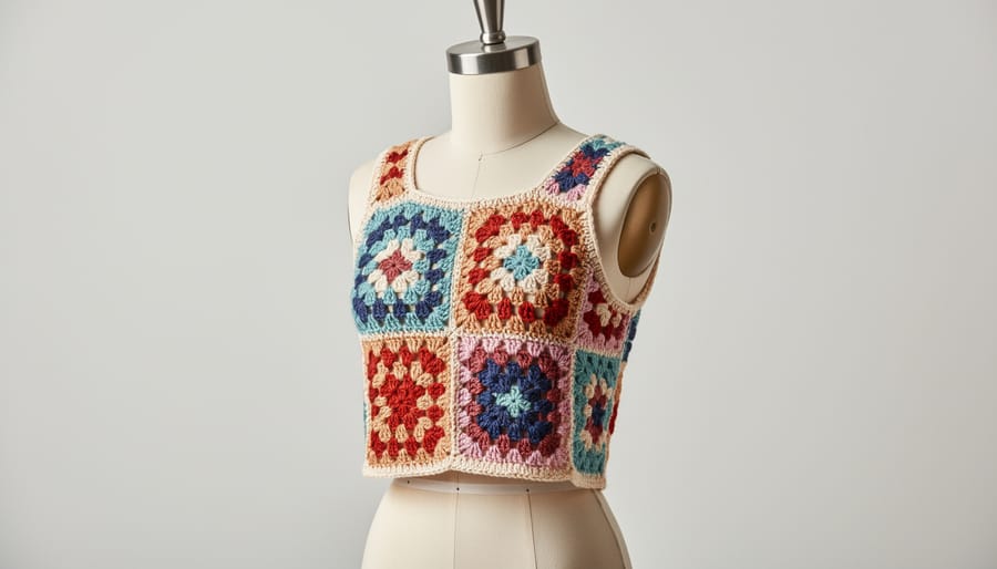 Granny square crochet tank top with visible joined squares and colorful panels