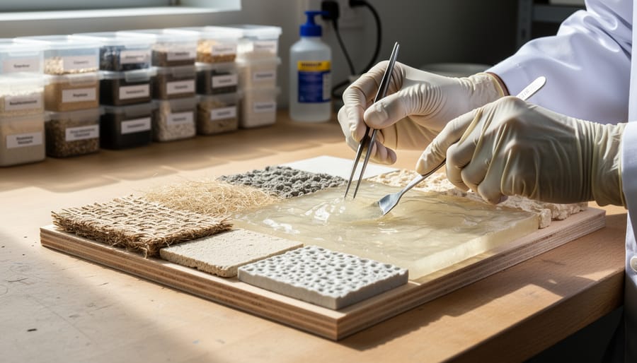 Gloved hands working on an experimental craft piece with small sealed vials nearby