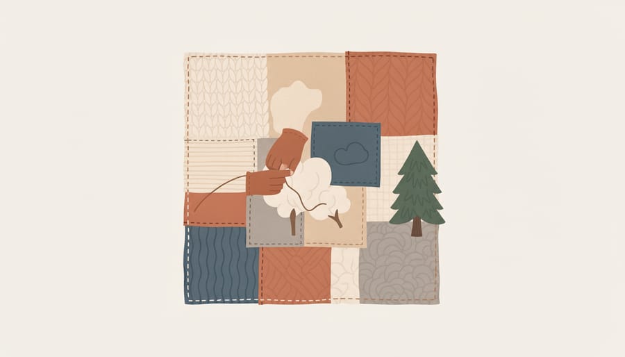 Patchwork arrangement of natural fabric swatches with a thread spool and needle on a work surface