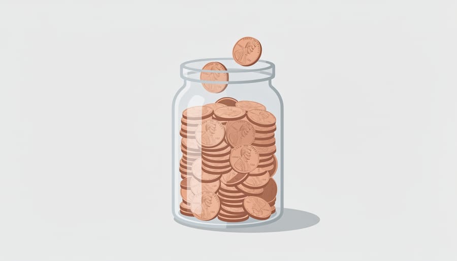 Loose pennies spilling from a jar with copper coins sparkling under warm side lighting