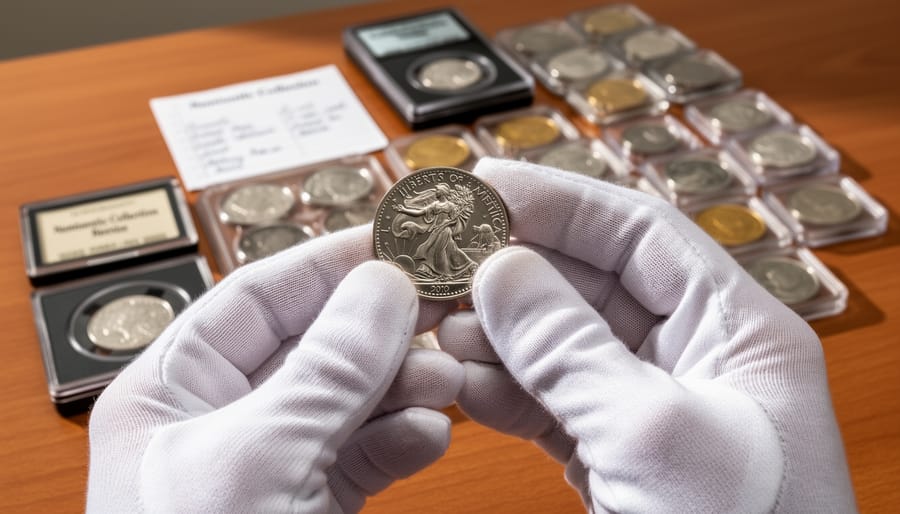 Canadian penny in a plastic coin holder with magnifying loupe and cotton gloves blurred in the background