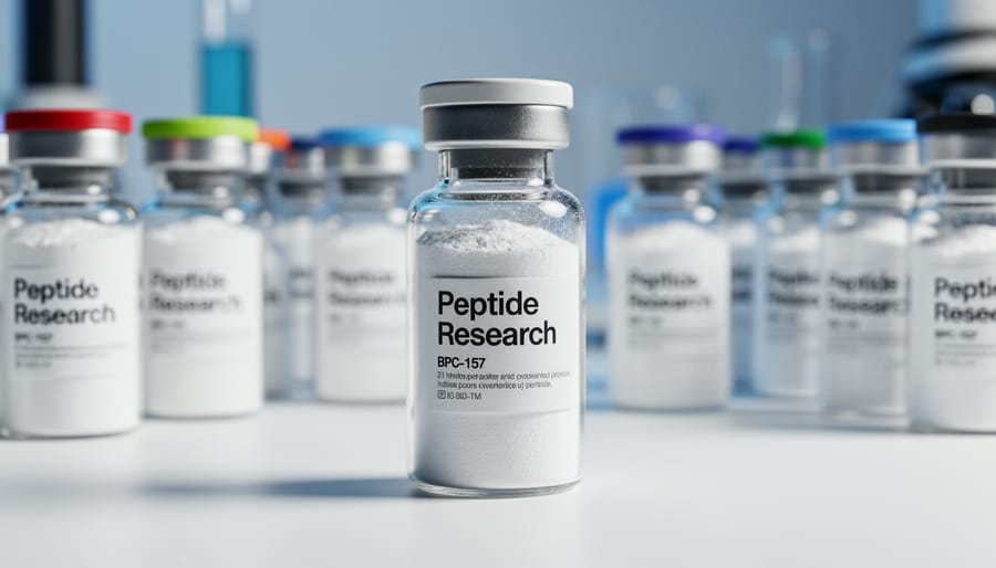 Close-up of clear glass vials containing pale crystalline powder on a dark surface