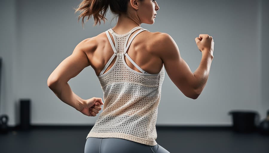 Racerback crochet tank top shown from the back during a light stretching pose