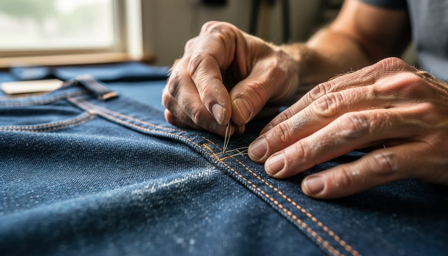 Tailor’s hands hand-finishing denim jeans with visible stitching on a workbench