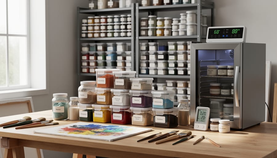 Artist’s studio bench with sealed tubes and temperature-control tools beside a refrigerator