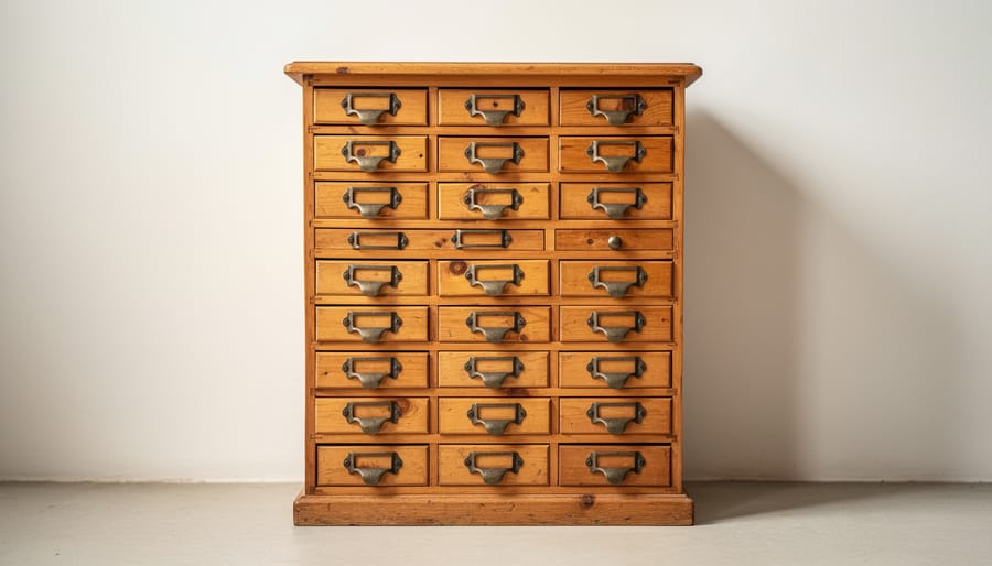 Antique pine apothecary cabinet with multiple small drawers and original metal pulls