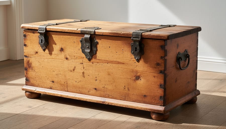 Antique pine blanket chest with aged patina and original brass hardware in a cozy room