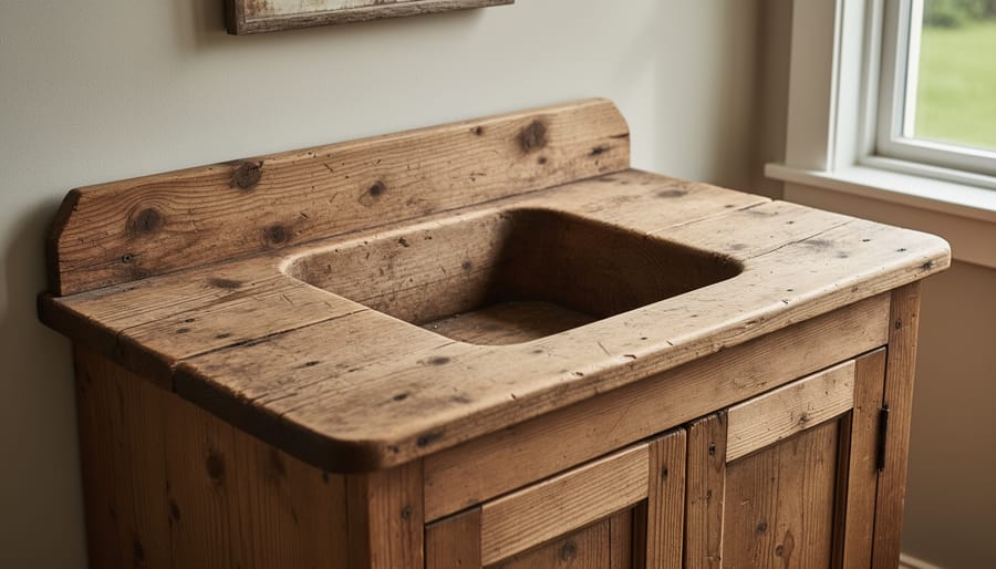 Antique pine dry sink with recessed basin and lower cabinet in a rustic farmhouse setting