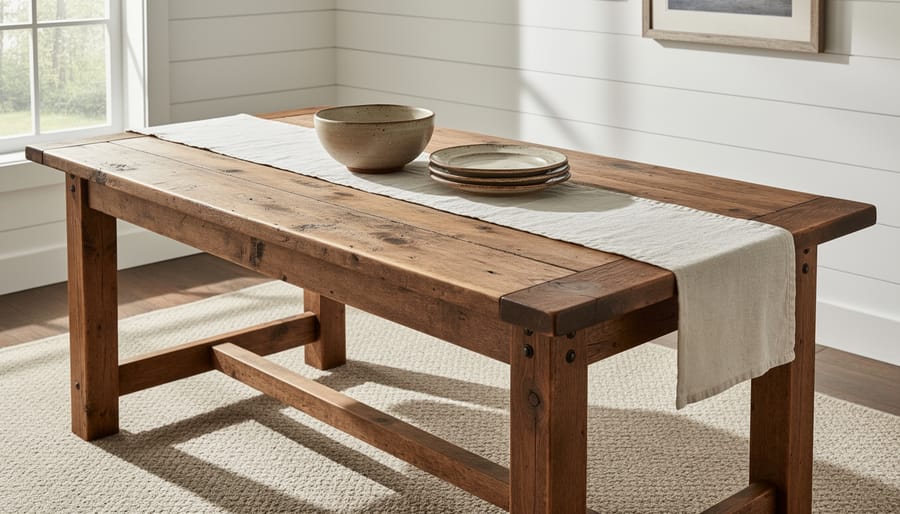 Antique pine farmhouse dining table with plank top and trestle base in a modern dining room