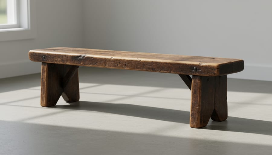 Antique pine harvest bench with worn seat surface in a dining room