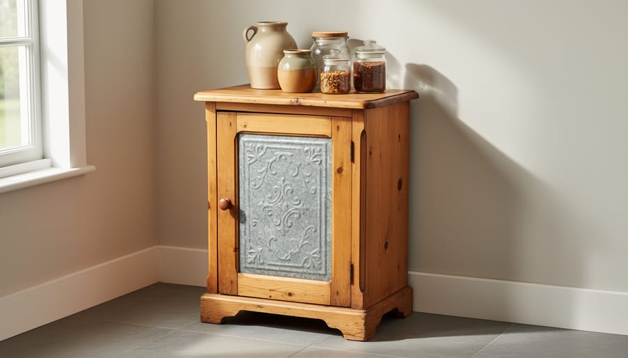 Antique pine jelly cupboard with punched tin panels and original door hardware