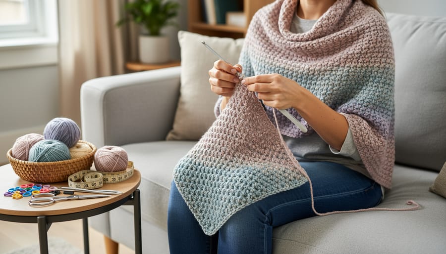 Beginner crocheter holding a partially finished triangular shawl at a cozy table with yarn and crochet tools nearby.