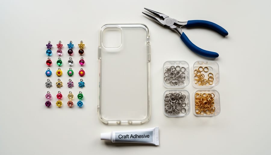 Crafting supplies for a DIY charm phone case, including a blank clear case, charms, jump rings, pliers, and clear adhesive on a work surface.