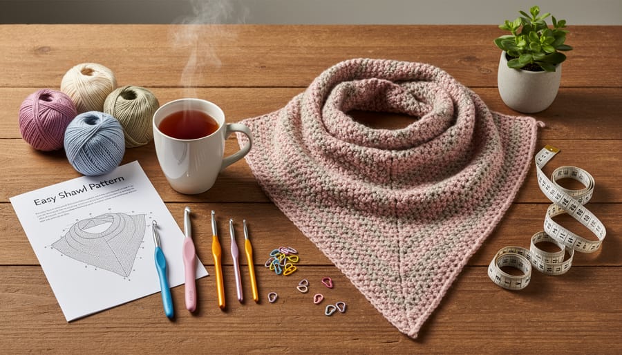 Crochet supplies and a draped crescent wrap on a chair with yarn skeins and hooks arranged neatly on a table.