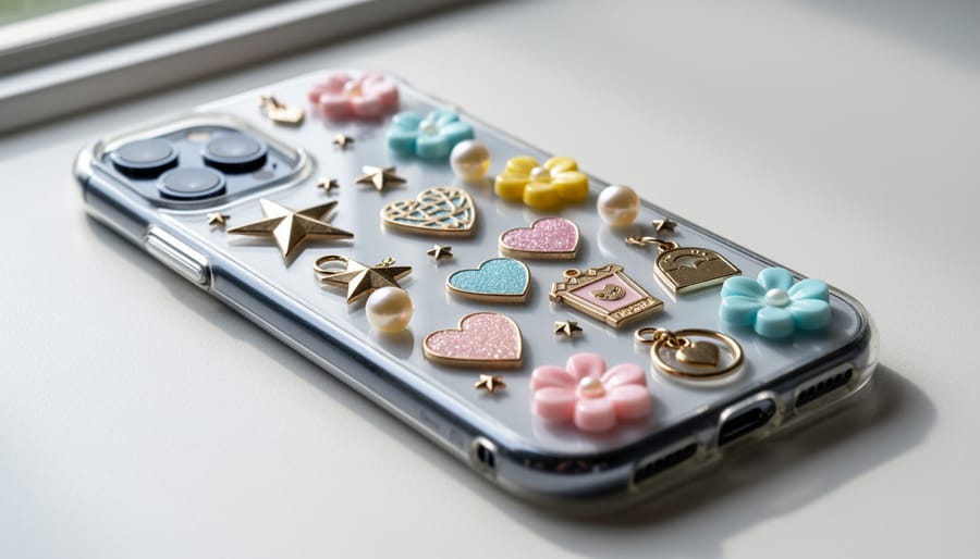 Finished DIY charm phone case with multiple dangling charms attached to a clear case on a wooden table.