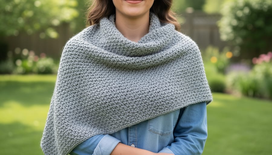Model wearing a finished crochet shawl outdoors on a park bench showing the stitch texture and drape.