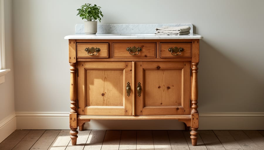 Victorian antique pine washstand with marble top and decorative hardware