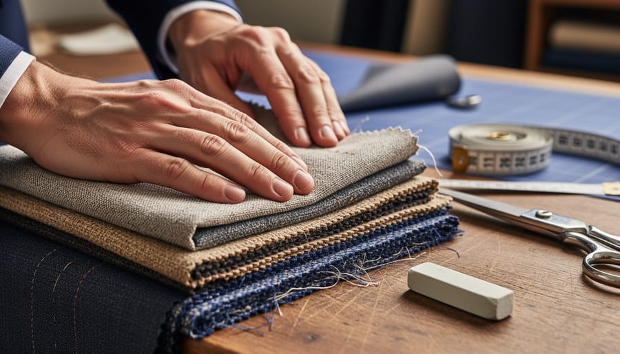 Hands holding wool fabric with visible weave in an artisan workshop beside leather tools and brass buttons.