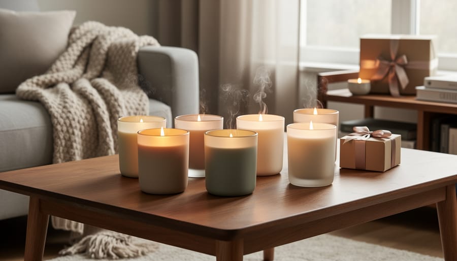 Assorted handmade candles in glass containers on a wooden table with dried flower petals.