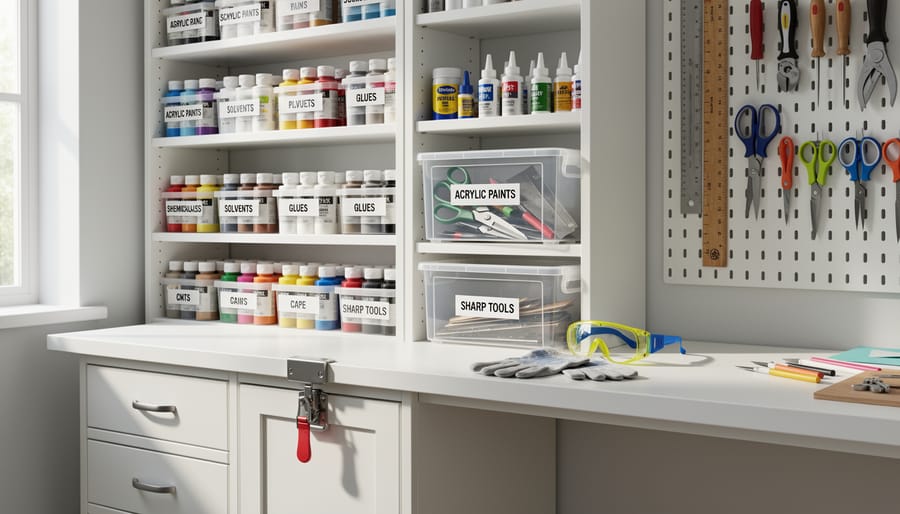Hands sorting craft paint supplies with safety gear like gloves and a mask on a work table