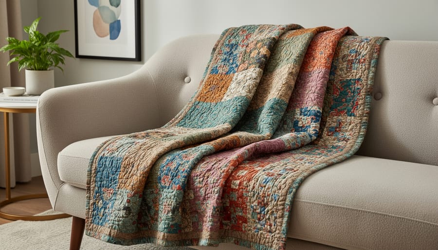 Handmade quilted fabric laid over a sofa with visible stitching and coordinated fabric textures.
