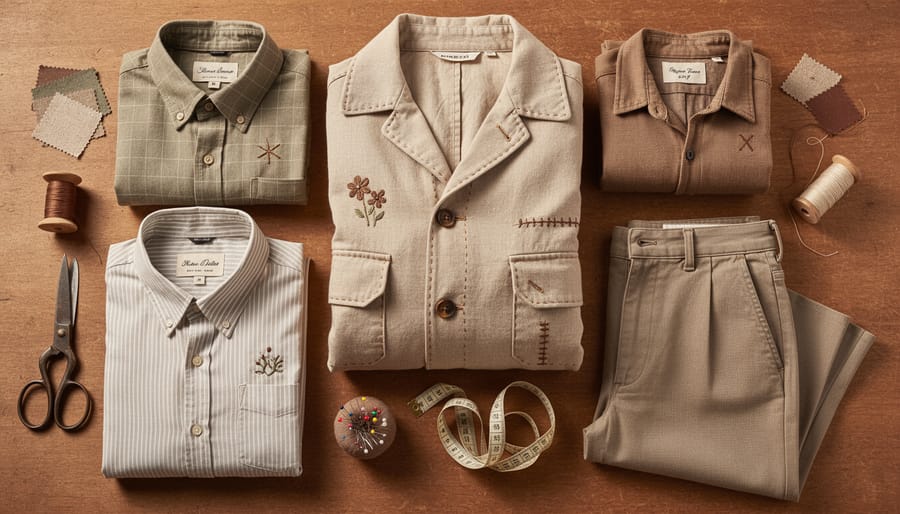 Hand-finished small-batch garments laid out on a worktable with thread spools and tools blurred in the background.