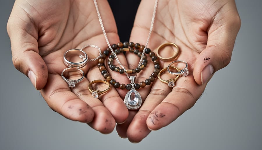 Hands showcasing handmade beaded earrings and a bracelet with a jewelry organizer tray nearby.